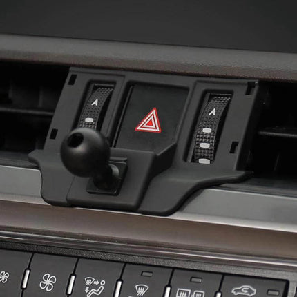 Car Dashboard Phone Mount With Integrated Base For Navigation shown clipped to dashboard vent with ball joint for secure GPS viewing