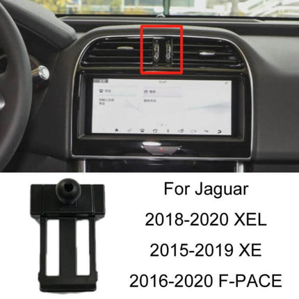 Car Phone Holder Bracket For Jaguar Dashboard Clip On Mount installed on Jaguar air vent near center display, slim clip-on dashboard mount for navigation and hands-free use