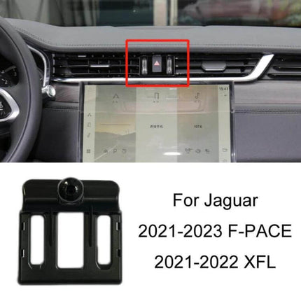 Car Phone Holder Bracket For Jaguar Dashboard Clip On Mount shown clipped to F‑PACE/XFL center dashboard vent for navigation and hands‑free use