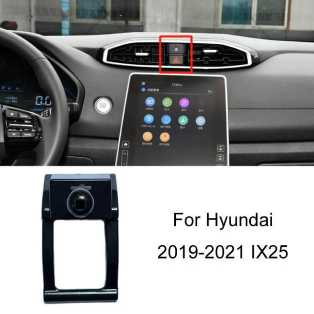 Car Navigation Bracket Base For Left Hand Drive Dashboard clipped onto Hyundai IX25 2019-2021 left-side dash vent area, plastic secure mount