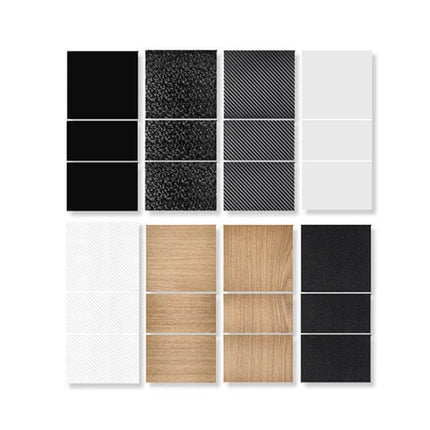 Tesla Model 3 Center Console Protection Sticker Carbon Fiber Grain sample swatches showing black, carbon fiber, white, wood and textured finishes