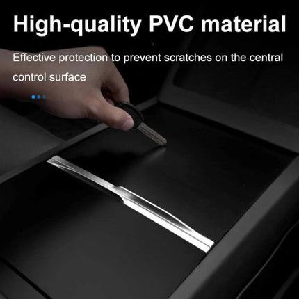 Tesla Model 3 Center Console Protection Sticker Carbon Fiber Grain installed on console armrest showing scratch protection and PVC texture