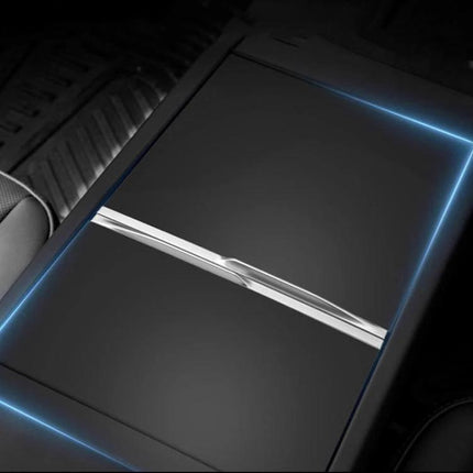 Tesla Model 3 Center Console Protection Sticker Carbon Fiber Grain installed on center console armrest, custom-fit PVC protector