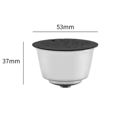 Stainless Steel Reusable Capsule for Dolce Gusto Coffee Maker showing 53mm top and 37mm height, stainless steel body with black lid for refillable use