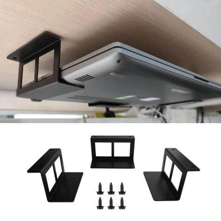 Durable Under Desk Metal Storage Stand for Laptops and Tablets mounted under desk holding laptop with screws and brackets