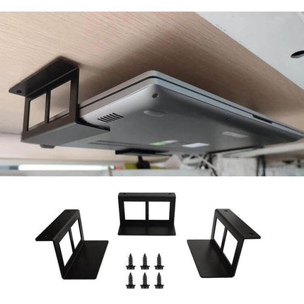 Durable Under Desk Metal Storage Stand for Laptops and Tablets installed under desk holding a laptop, metal mounting brackets and screws visible