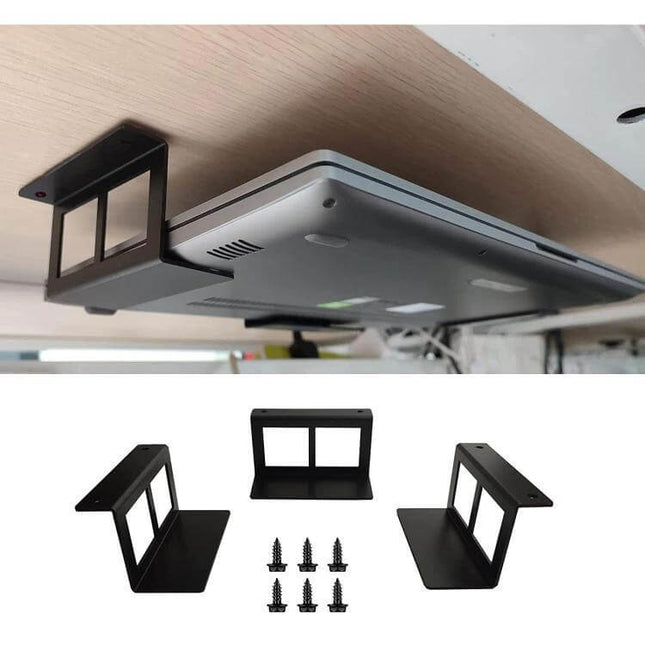 Durable Under Desk Metal Storage Stand for Laptops and Tablets installed under desk holding a laptop, metal mounting brackets and screws visible