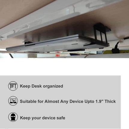 Durable Under Desk Metal Storage Stand for Laptops and Tablets mounted under desk holding a laptop to save space and improve airflow