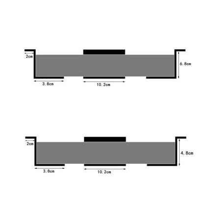 Durable Under Desk Metal Storage Stand for Laptops and Tablets—diagram showing top and side dimensions (10.2cm center, 3.8cm ends, 2cm lip, 6.8cm and 4.8cm heights)