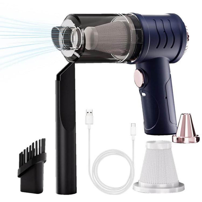 Mini Powerful Car Wireless Vacuum For Quick Home Cleanups - navy handheld cordless vacuum with Type-C cable, crevice tool, brush nozzle and removable filter