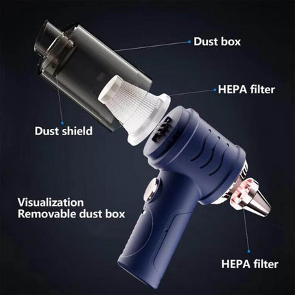 Mini Powerful Car Wireless Vacuum For Quick Home Cleanups - exploded view showing removable dust box, HEPA filter, dust shield and compact handheld design