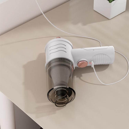 Mini Powerful Car Wireless Vacuum For Quick Home Cleanups - compact white handheld vacuum on desk with Type-C charging cable, 150ml dust cup, 10W motor