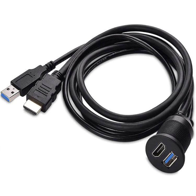 2m USB 3.0 And HDMI Car Waterproof Extension Cable black 2m in-vehicle extension with USB 3.0 and HDMI ports, waterproof panel mount and accessories