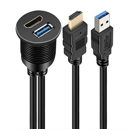 2m USB 3.0 And HDMI Car Waterproof Extension Cable - black dual-port panel with HDMI and USB 3.0 male connectors, 2m in-vehicle extension