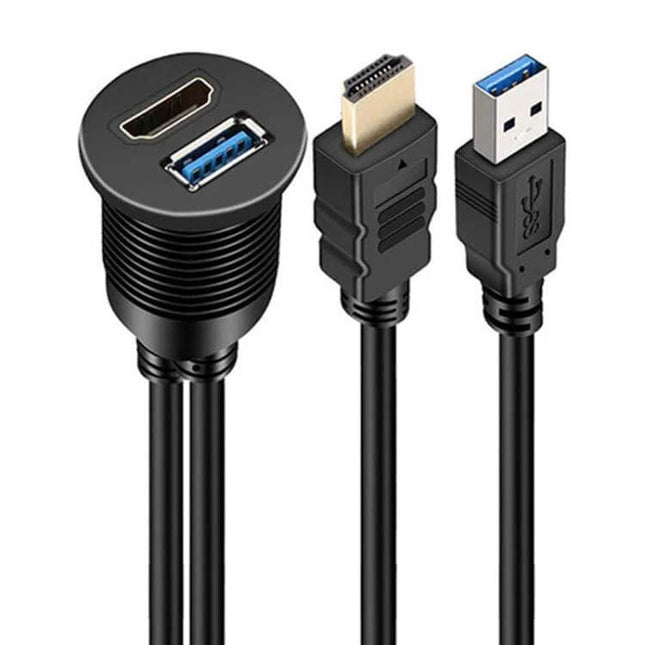 2m USB 3.0 And HDMI Car Waterproof Extension Cable - black dual-port panel with HDMI and USB 3.0 male connectors, 2m in-vehicle extension