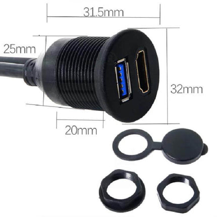 2m USB 3.0 And HDMI Car Waterproof Extension Cable flush-mount panel with USB3.0 and HDMI ports, 2m length, waterproof cap and mounting nuts