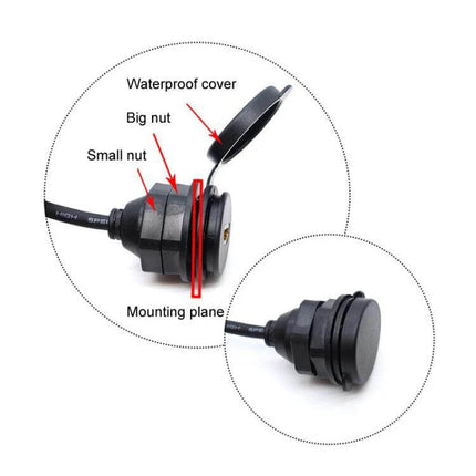 2m USB 3.0 And HDMI Car Waterproof Extension Cable - waterproof panel mount with cover, big nut, small nut and mounting plane shown