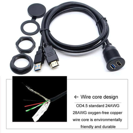 2m USB 3.0 And HDMI Car Waterproof Extension Cable with dual USB 3.0 and HDMI connectors, waterproof panel mount and installation accessories