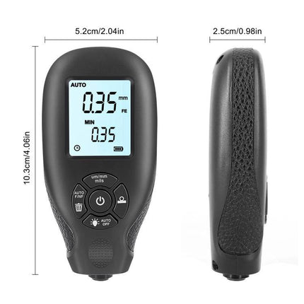 Precise Gauge for Measuring Coating Thickness on Surfaces handheld digital gauge with backlit display showing 0.35mm for automotive and industrial use