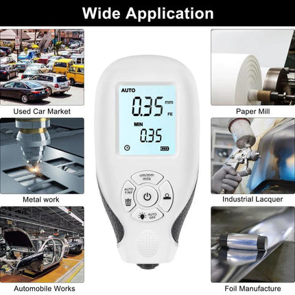 Precise Gauge for Measuring Coating Thickness on Surfaces handheld digital gauge showing 0.35mm reading used in automotive and industrial settings