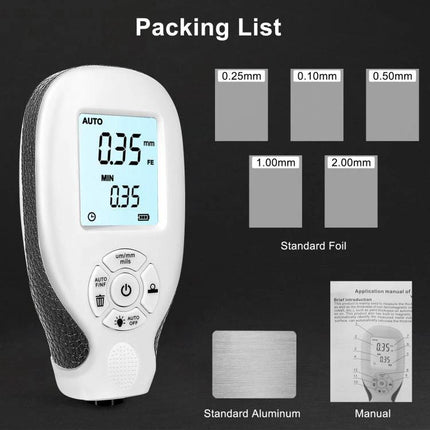 Precise Gauge for Measuring Coating Thickness on Surfaces showing digital gauge, display reading 0.35mm and included standard foils, aluminum and manual