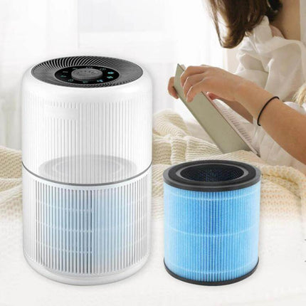 Air Purifier Replacement HEPA Filter For Clean Indoor Air showing Airtok AP0601 purifier and replacement filter next to person reading