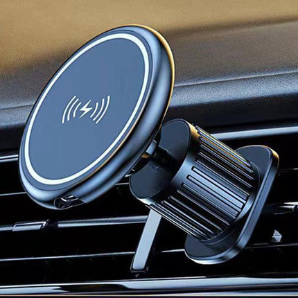 Car Magnetic Wireless Phone Holder 15W For In Car Charging mounted on vent with outlet-style installation and magnetic 15W wireless charging