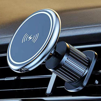 Car Magnetic Wireless Phone Holder 15W For In Car Charging mounted on car vent, outlet-style magnetic wireless charger with aluminum alloy body