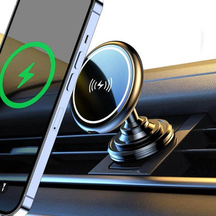Car Magnetic Wireless Phone Holder 15W For In Car Charging shown mounted on vent with phone wirelessly charging