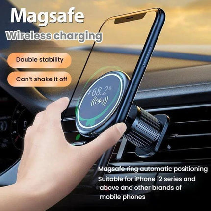 Car Magnetic Wireless Phone Holder 15W For In Car Charging mounted on vent with iPhone showing Magsafe wireless charging and outlet-style stick-on options