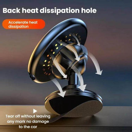 Car Magnetic Wireless Phone Holder 15W For In Car Charging showing aluminum alloy body, back heat dissipation holes and outlet or stick-on mount