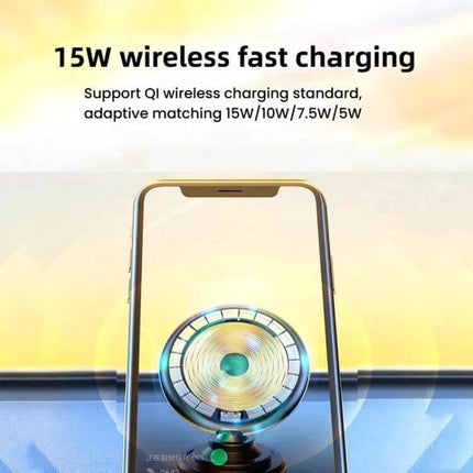Car Magnetic Wireless Phone Holder 15W For In Car Charging showing phone mounted and 15W wireless fast charging demo