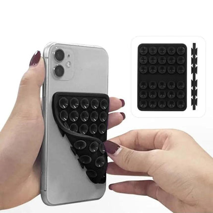 Silicone Double-Sided Suction Cup Holder for Mobile Phones on phone backing, flexible black silicone grip for car dashboard and desk