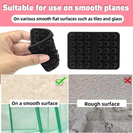 Silicone Double-Sided Suction Cup Holder for Mobile Phones shown on smooth surfaces like glass and tiles, holding a phone securely without permanent installation