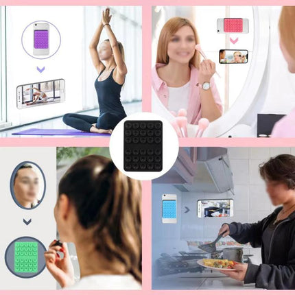 Silicone Double-Sided Suction Cup Holder for Mobile Phones used on mirror, dashboard, desk and kitchen for hands-free viewing and video calls