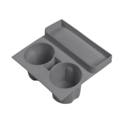 Integrated Silicone Storage Cup Holder for Tesla Center Console in gray silicone organizing two cup slots and small tray