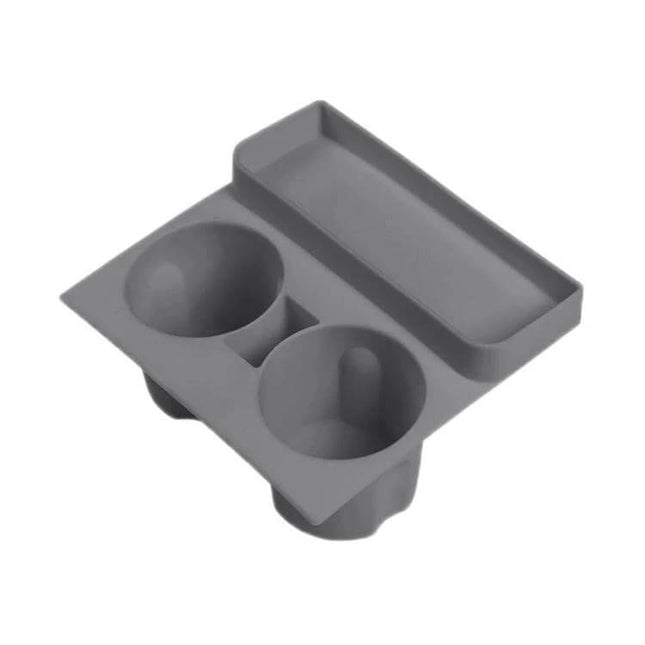 Integrated Silicone Storage Cup Holder for Tesla Center Console in gray silicone organizing two cup slots and small tray