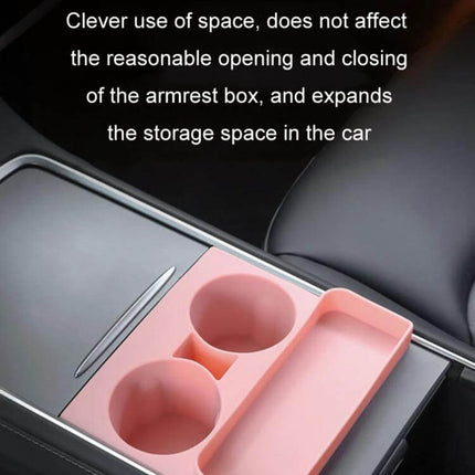 Integrated Silicone Storage Cup Holder for Tesla Center Console in pink fits console arc, adds cup slots and small-item tray without blocking armrest or induction