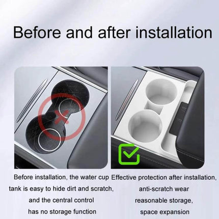 Integrated Silicone Storage Cup Holder for Tesla Center Console shown before-and-after installation protecting cup wells and expanding storage