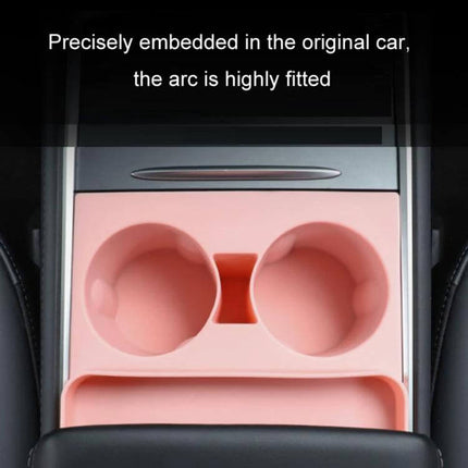 Integrated Silicone Storage Cup Holder for Tesla Center Console neatly fitted in center console, pink silicone inserts for cups and small items