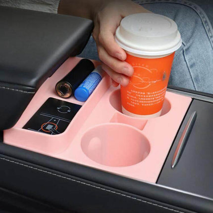Integrated Silicone Storage Cup Holder for Tesla Center Console - pink silicone organizer in Tesla center console holding cup and small items