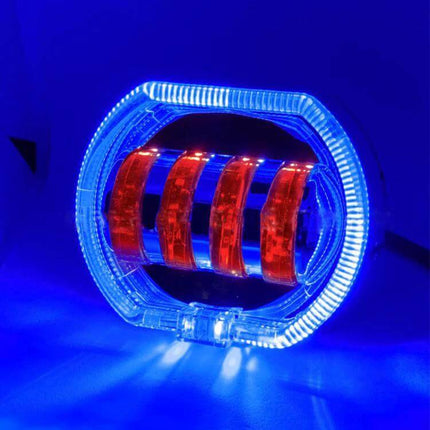 Motorcycle LED Headlight With Double Lens, 4 Color Options - blue halo and red internal LEDs on motorcycle headlight