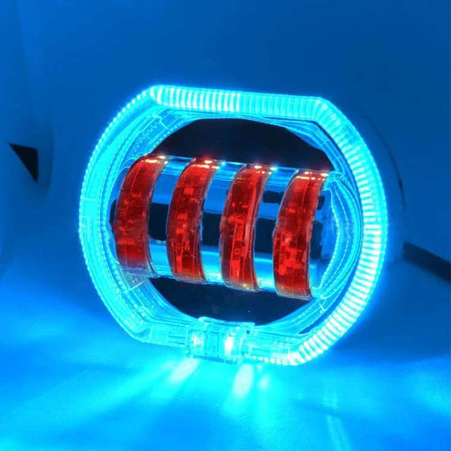 Motorcycle LED Headlight With Double Lens, 4 Color Options - blue halo and red inner LED rings, 40W weatherproof aluminum housing
