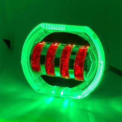 Motorcycle LED Headlight With Double Lens, 4 Color Options — green LED ring with red inner bars, thick aluminum housing, IP68 weatherproof design