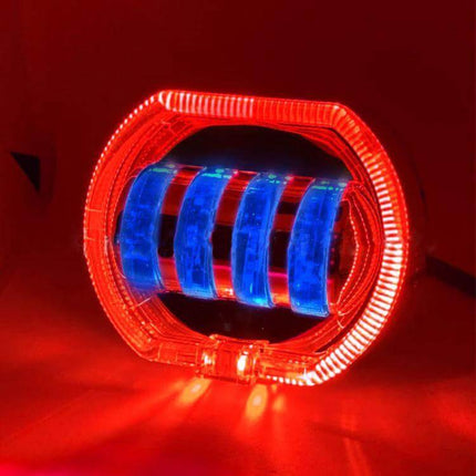 Motorcycle LED Headlight With Double Lens, 4 Color Options showing red outer ring and blue inner LED bars