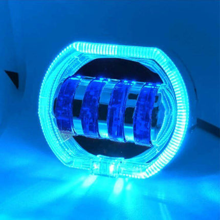 Motorcycle LED Headlight With Double Lens, 4 Color Options - blue LED ring and 40W double lens in aluminum housing