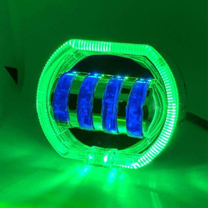 Motorcycle LED Headlight With Double Lens, 4 Color Options - green ring with blue LED bars, IP68 aluminum housing, 40W beam for motorcycles