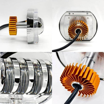 Motorcycle LED Headlight With Double Lens, 4 Color Options showing aluminum housing, 40W LED array and orange heat sink close-ups