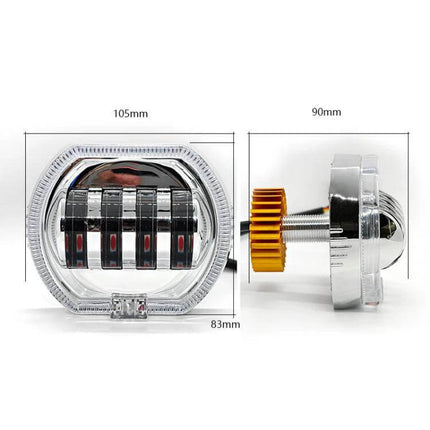 Motorcycle LED Headlight With Double Lens, 4 Color Options front and side view with dimensions, aluminum housing and cooling fins