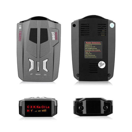 Car Radar Speed Detector for Everyday Driving Safety - compact 360° radar detector front and back views with digital display